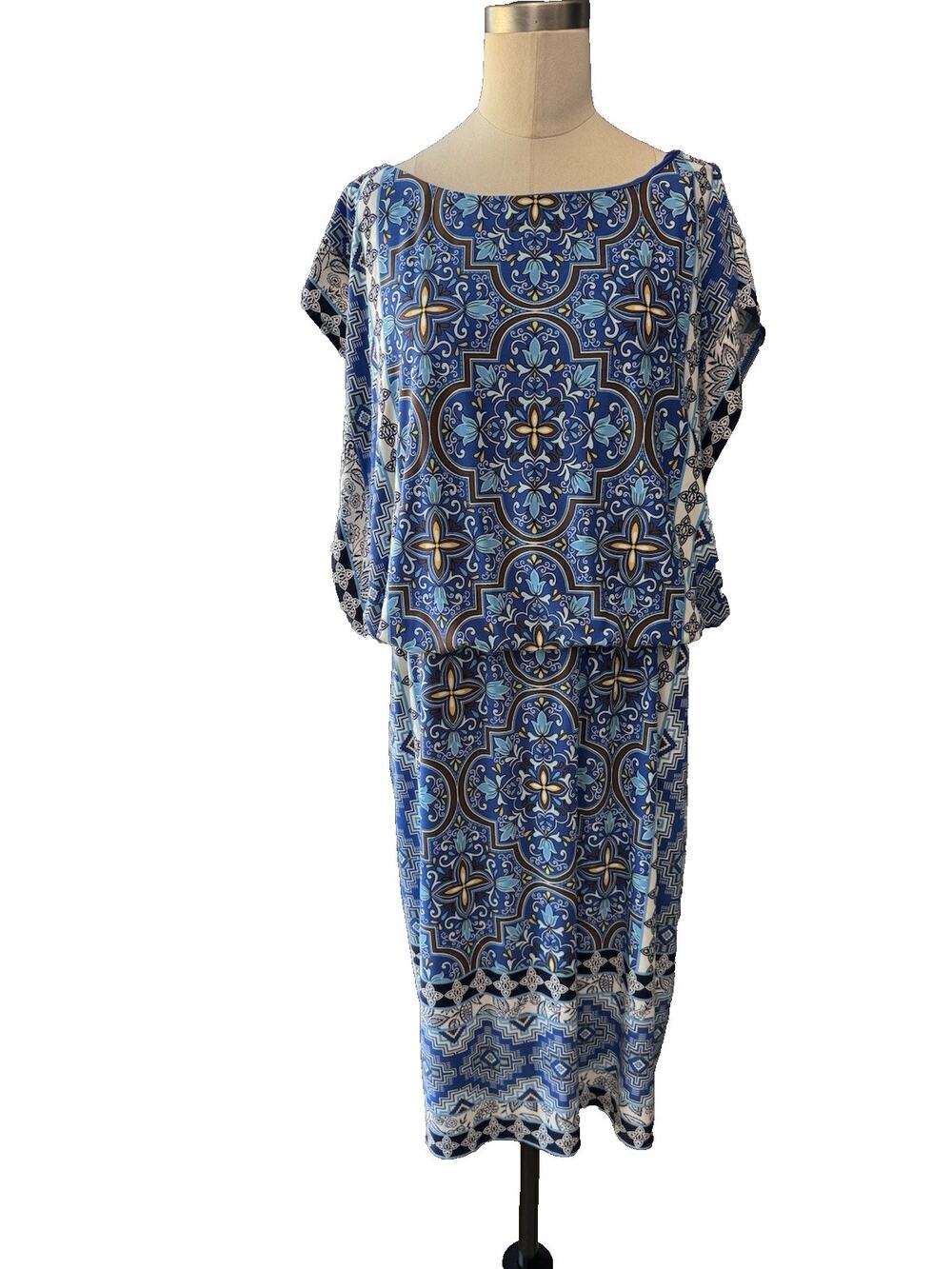 Chico's Blue Multi Medallion Floral Blouson Dress Sz 2 L 12-14 Sleeveless